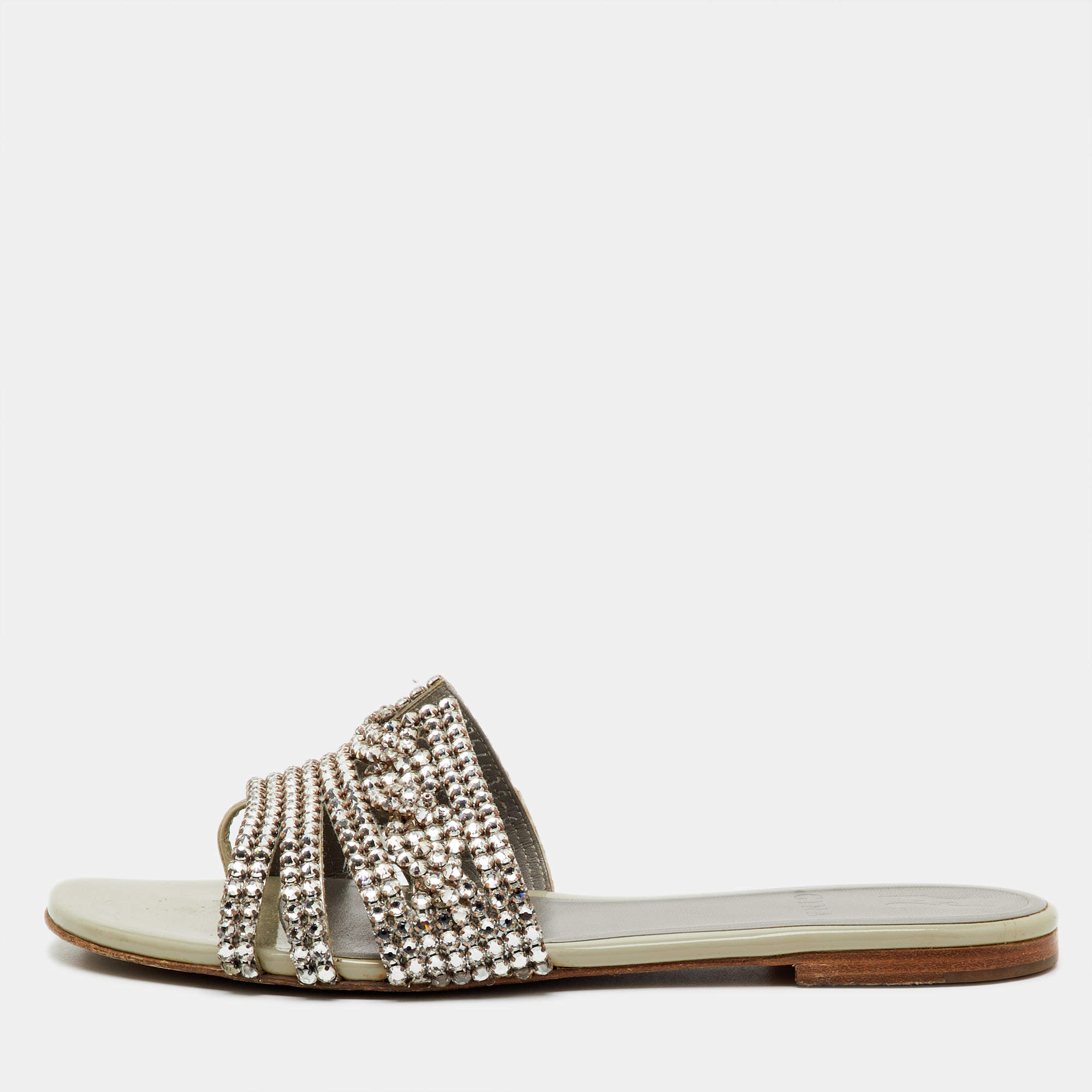 Pre Owned Gina Grey Leather Loren Crystal Embellished Flat Slide Sandals Size 39