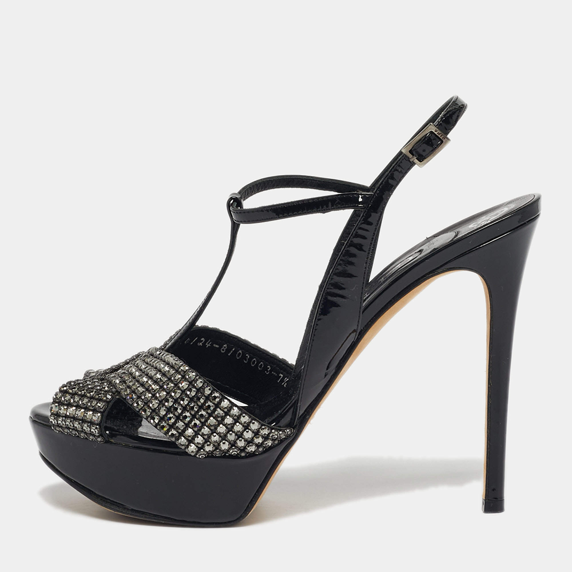 Pre Owned Gina Size 40.5 Black Patent Leather Crystal Embellished T-Strap Platform Sandals