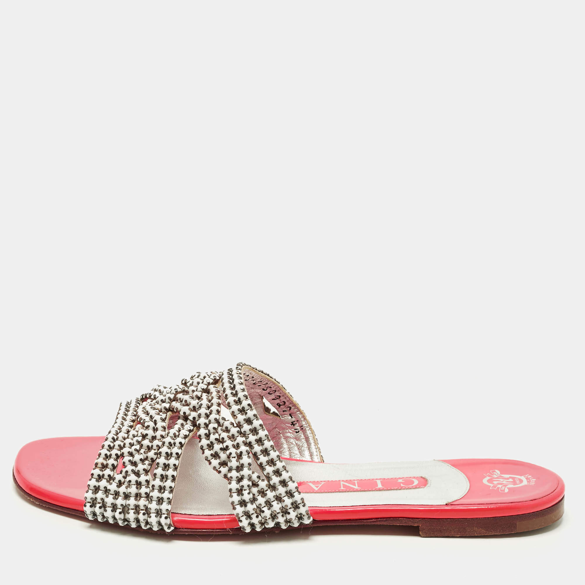 Pre Owned Gina Size 37.5 White/Pink Leather Crystal Embellished  Flat Sandals