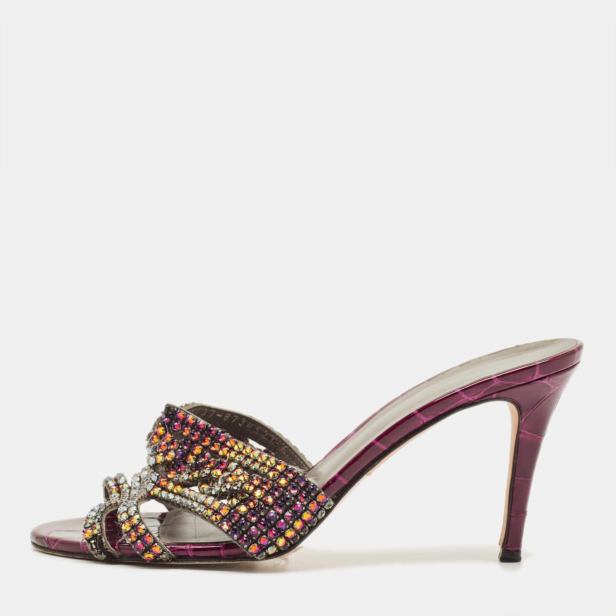 Pre Owned صندل سلايد جينا مزخرف كريستال جلد ولميع أسود/فضي مقاس 40.5