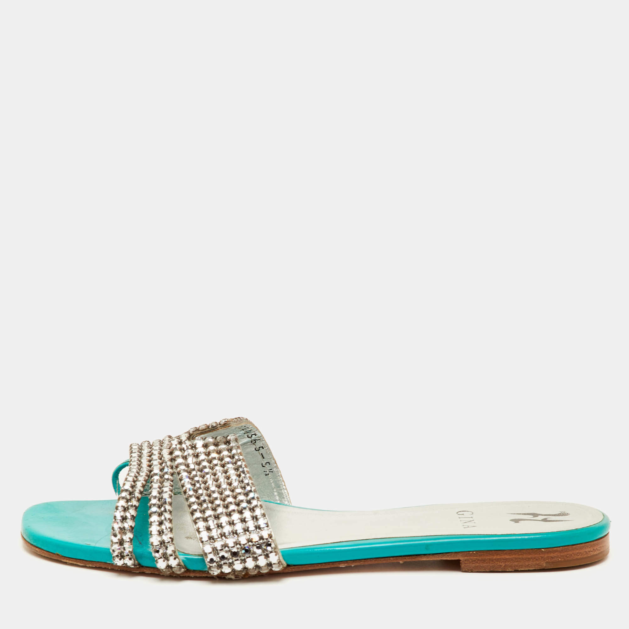 Pre Owned Gina Lexi Size 38.5 Green Patent Leather Crystal Embellished Flat Slide Sandals