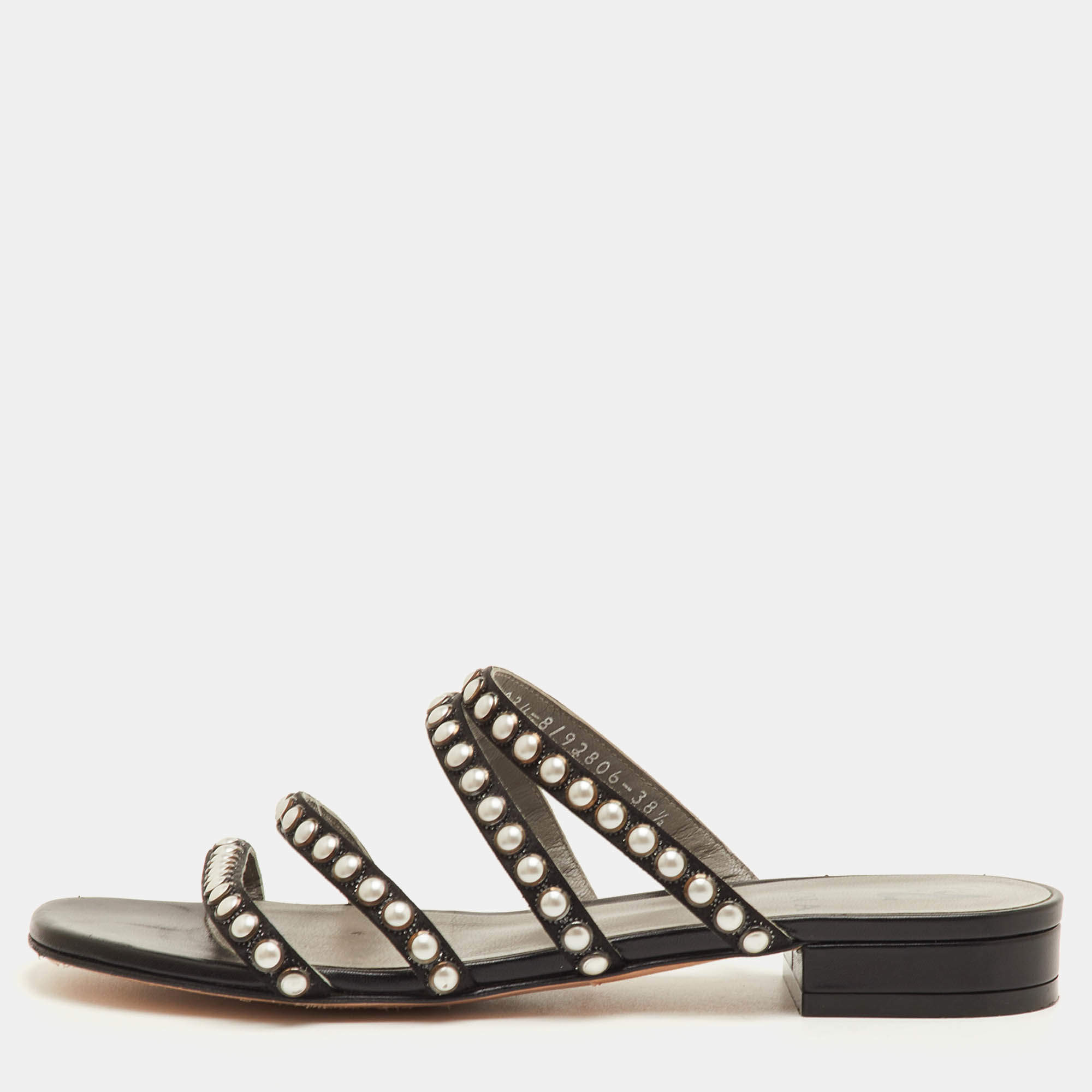 Pre Owned صندل جينا مزخرف مسطح بأسود ساتان مع سيور مقاس 38.5