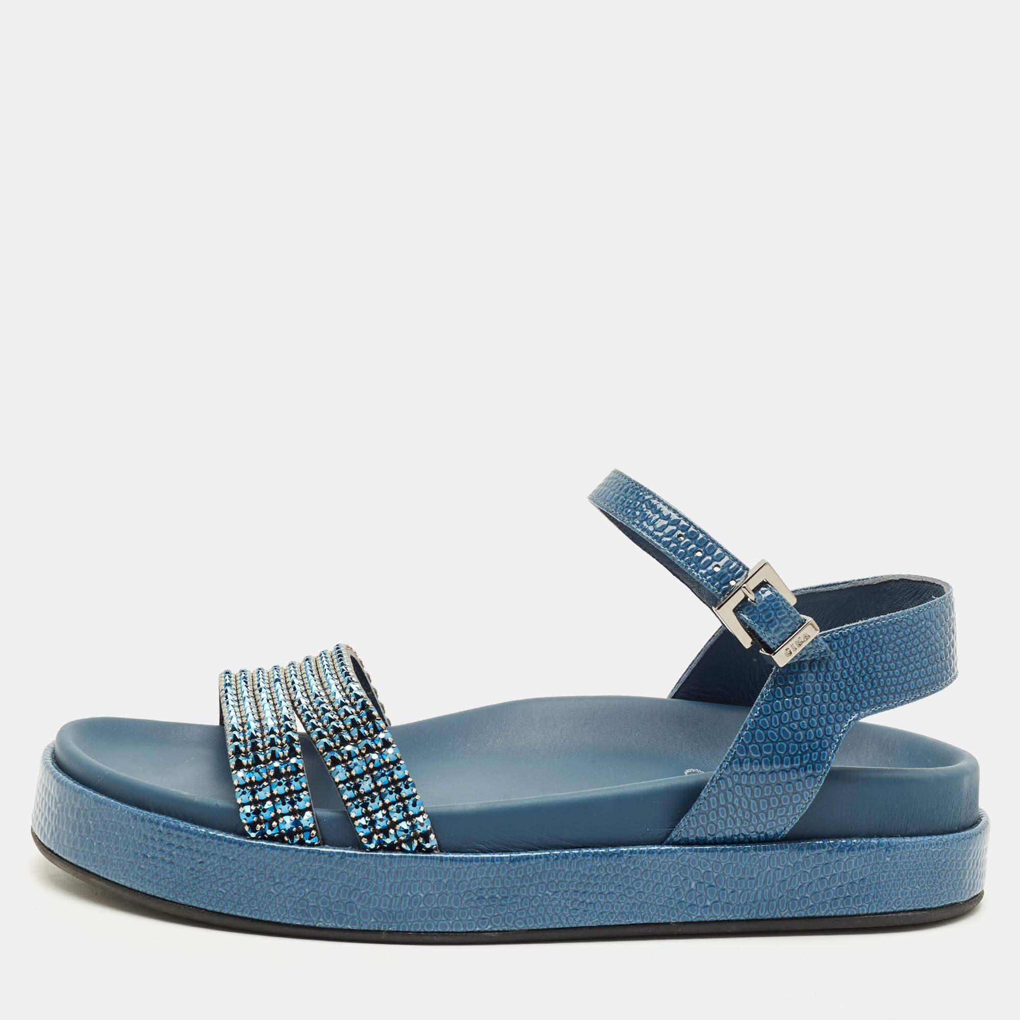 مملوكة مسبقًا صندل جينا جلد ثعبان كحلي سير كاحل نعل سميك كعب روكي مزخرف كريستال مقاس 40.5