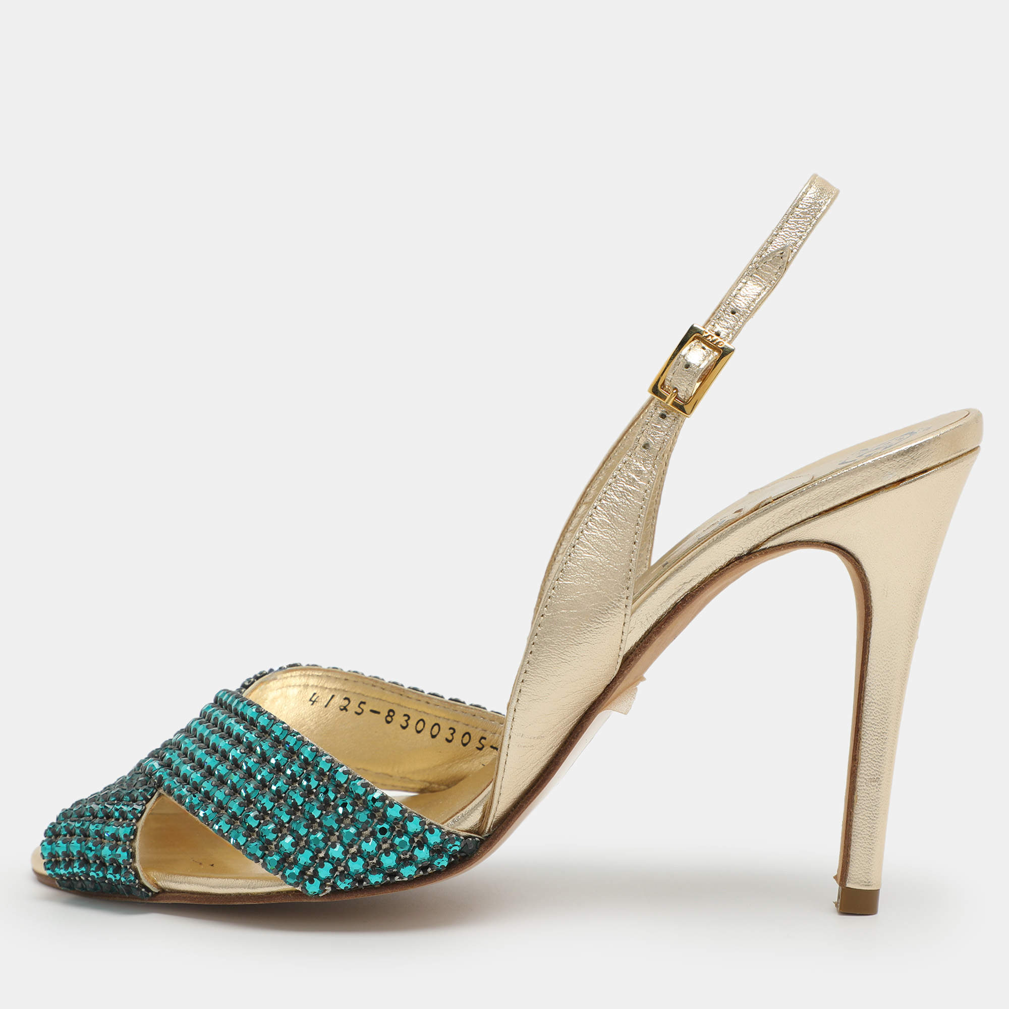 Pre Owned Gina Size 39.5 Gold Crystals and Metalic Leather Slingback Sandals