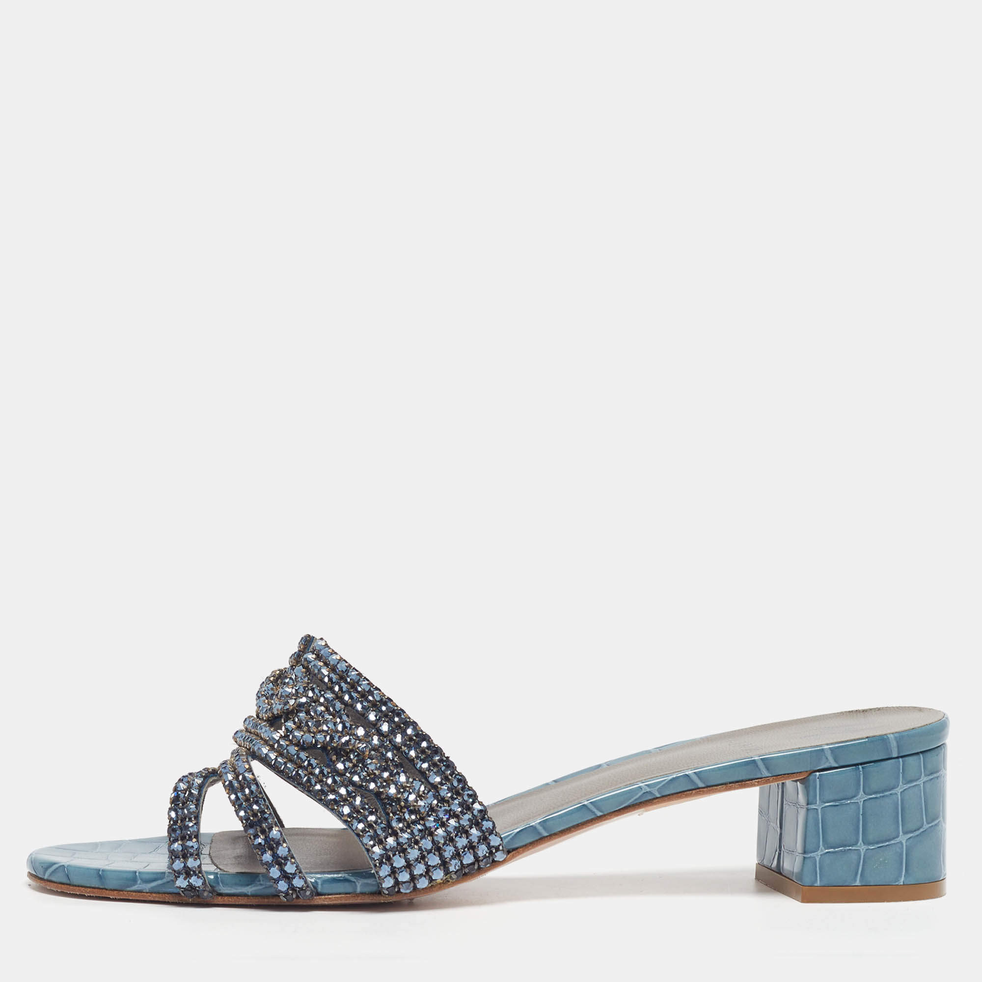 Pre Owned صندل جينا روديو جلد أزرق منقوش كروك شريحة مقاس 42