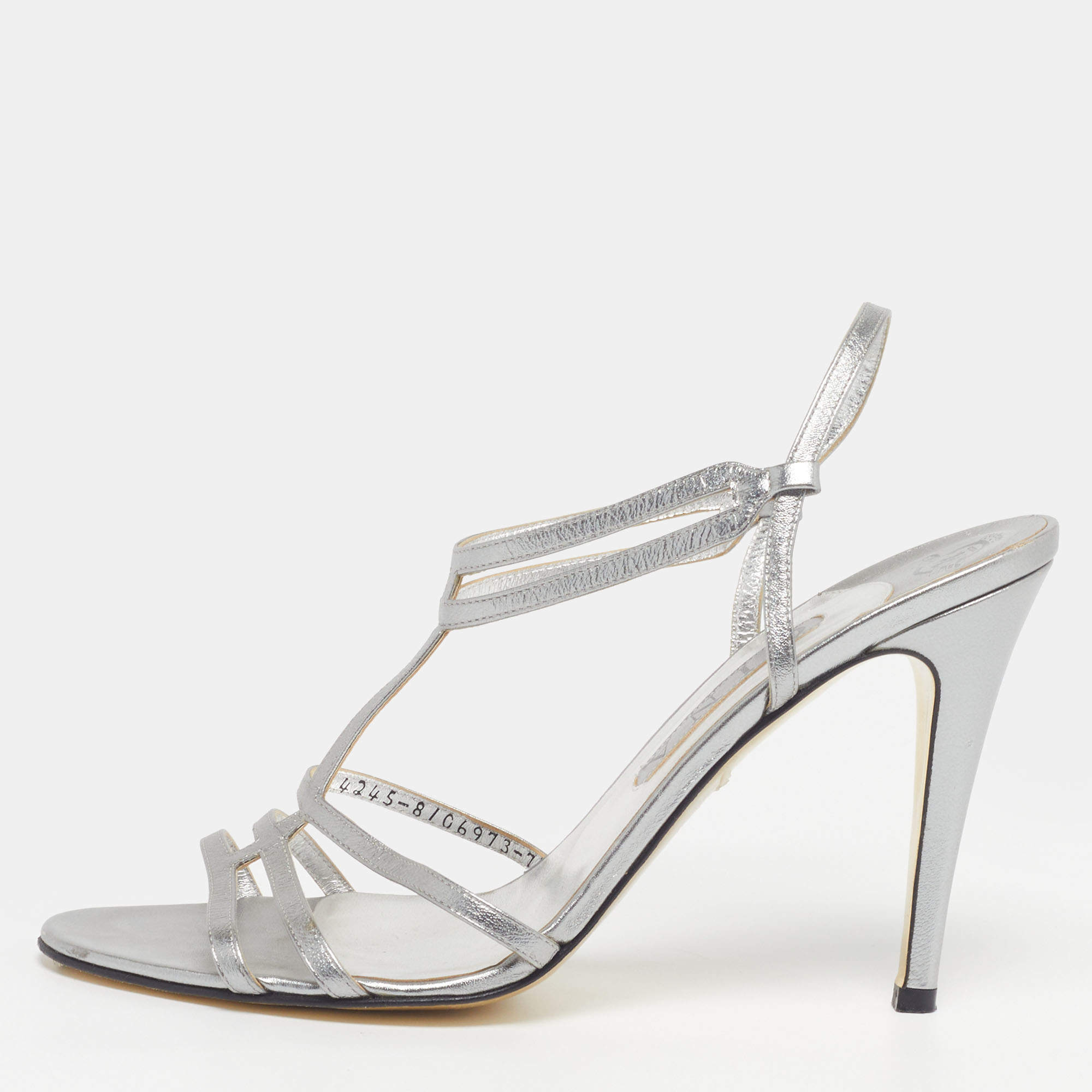 مملوكة مسبقًا Gina Size 40.5 Silver Leather Slingback Sandals