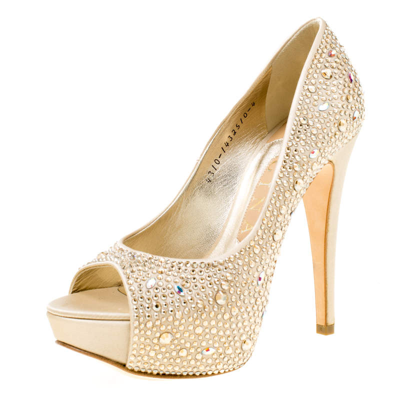 Gina Beige Satin Crystal Embellished Peep Toe Platform Pumps Size 37