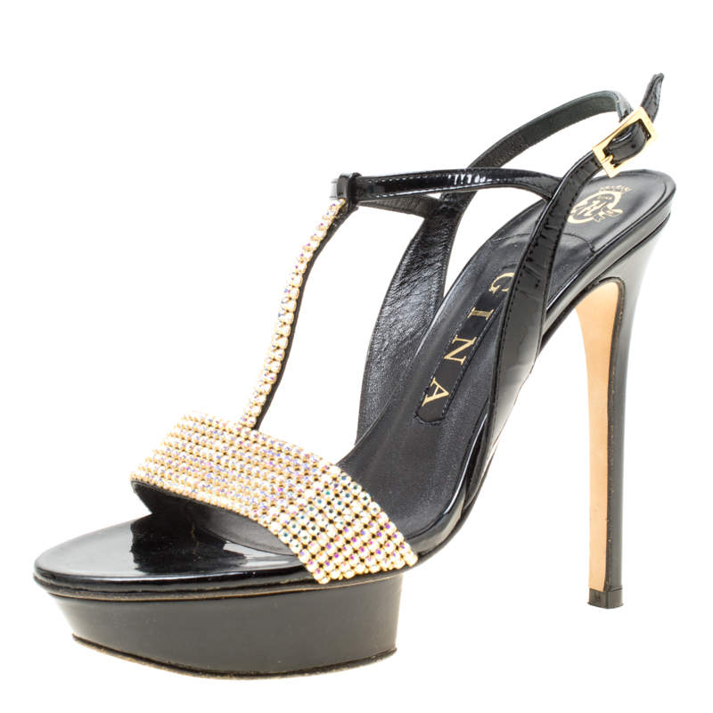مملوكة مسبقًا Gina Black Patent Leather Crystal Embellished Platform Sandals Size 37