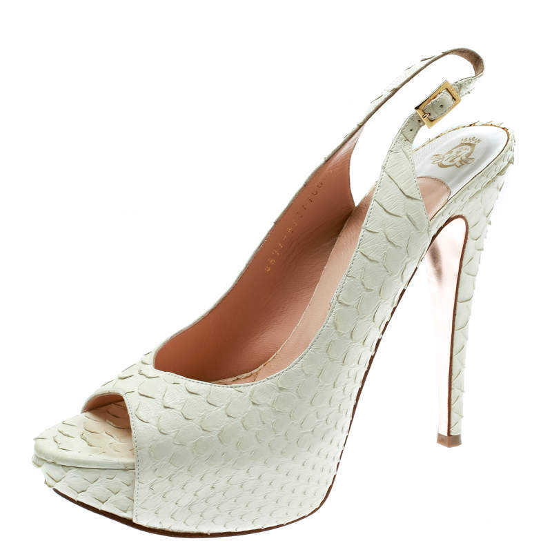Pre Owned Gina White Python Embossed Leather Peep Toe Platform Slingback Sandals Size 40