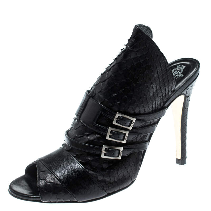 حذاء مولز جينا تفاصيل إبزيم مقدمة مفتوحة جلد وجلد ثعبان أسود مقاس 37.5