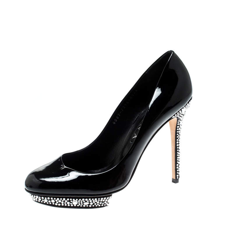 Pre Owned Gina Black Patent Leather Crystal Embellished Heel Platform Pumps Size 41