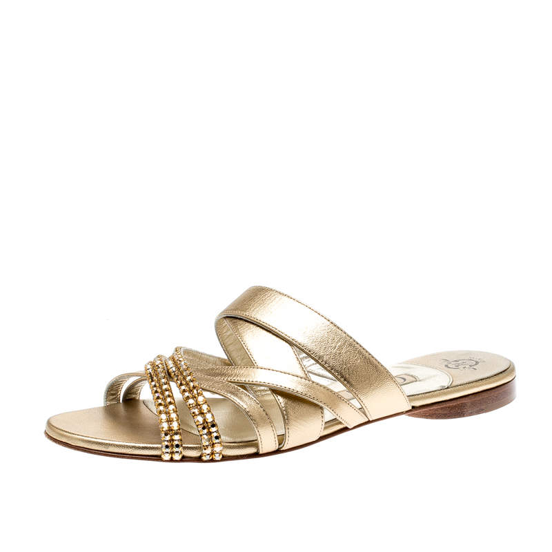 Gina Metallic Gold Leather Embellished Flat Sandals Size 38