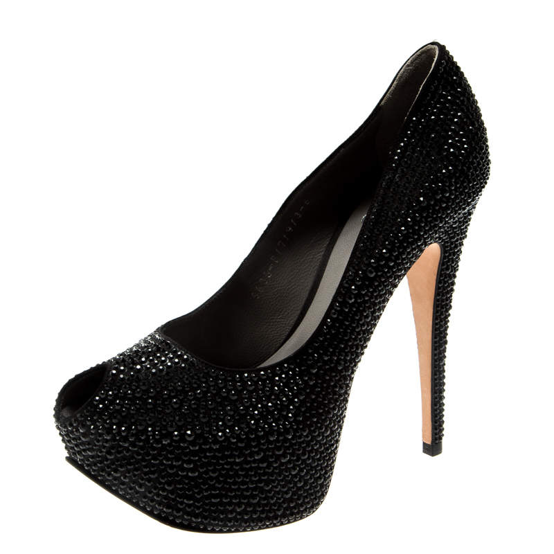 Pre Owned Gina Black Crystal Embellished Peep Toe Platform Pumps Size 39