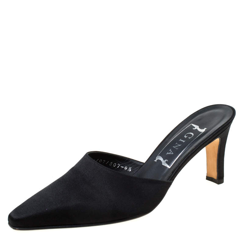 Pre Owned Gina Black Satin Pointed Toe Slip On Mules Size 37.5