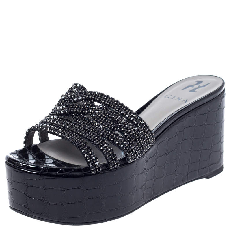 مملوكة مسبقًا Gina Black Croc Embossed Leather Embellished Wedge Platform Sandals Size 37.5