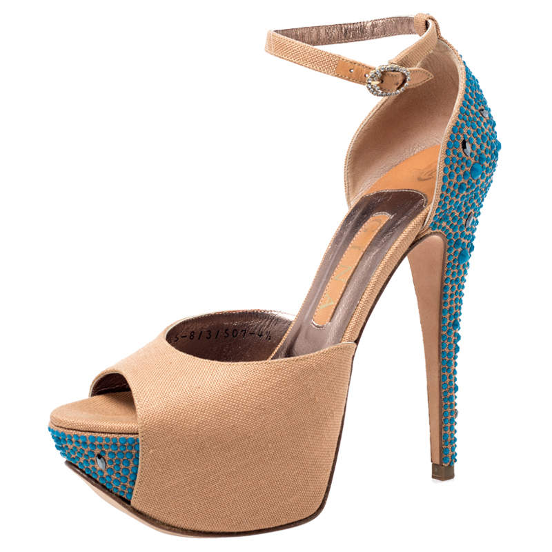 Gina Beige Canvas Crystal Embellished Heel Ankle Strap Platform Sandals Size 37.5