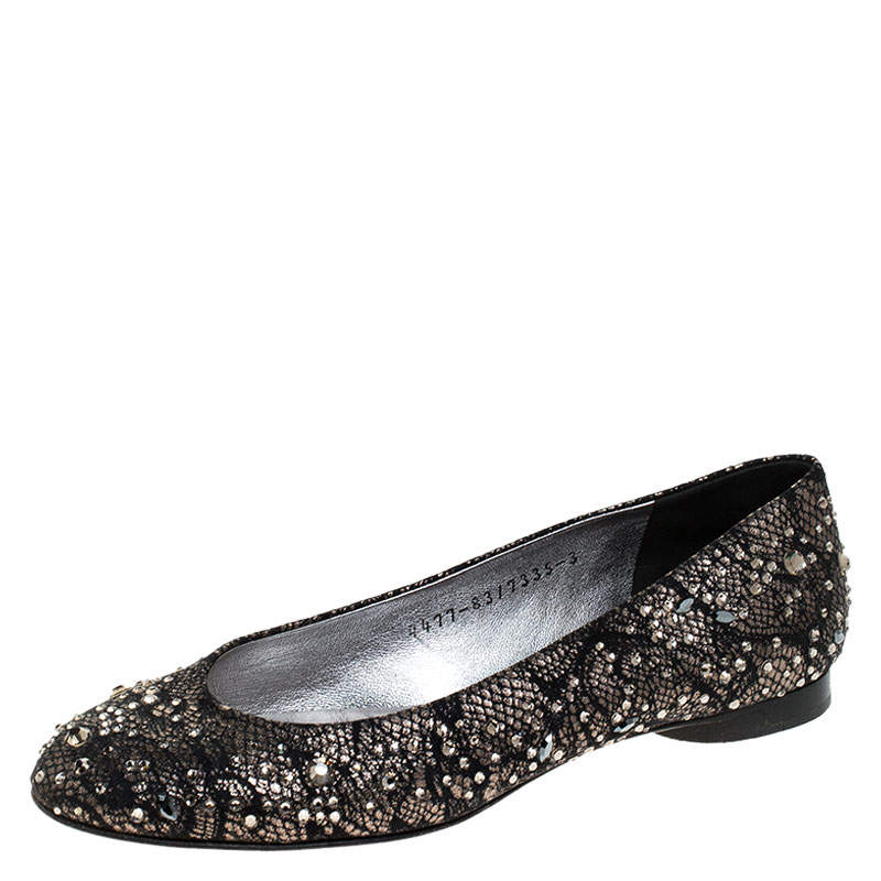 Pre Owned Gina Black Lace Crystal Embellished Ballet Flats Size 36