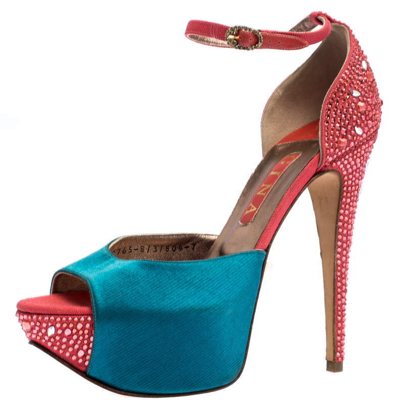 مملوكة مسبقًا Gina Multicolor Satin And Crystal Embellished Canvas Destiny Platform Sandals Size 40