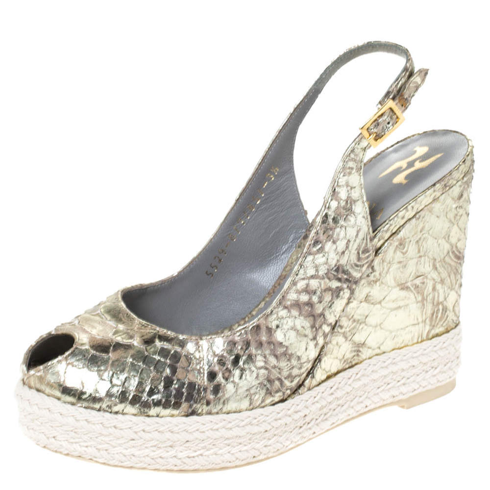 Pre Owned Gina Metallic Gold Python Leather Wedge Espadrille Platform Slingback Sandals Size 36.5