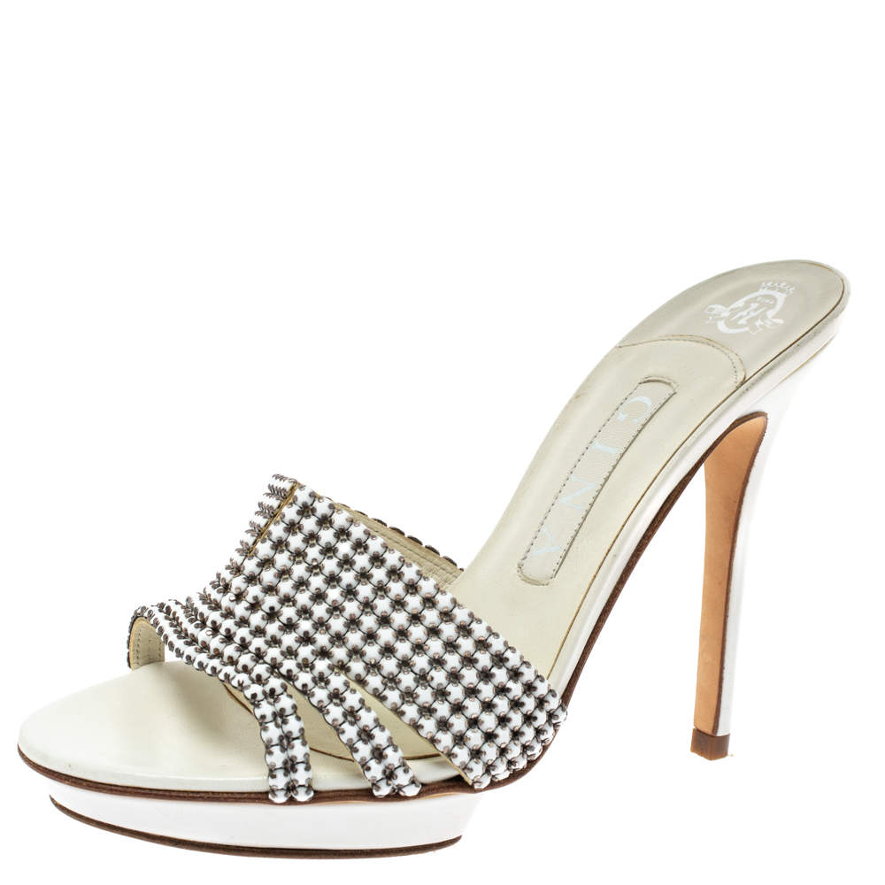 Gina White Leather Crystal Embellished Slide Sandals Size 38