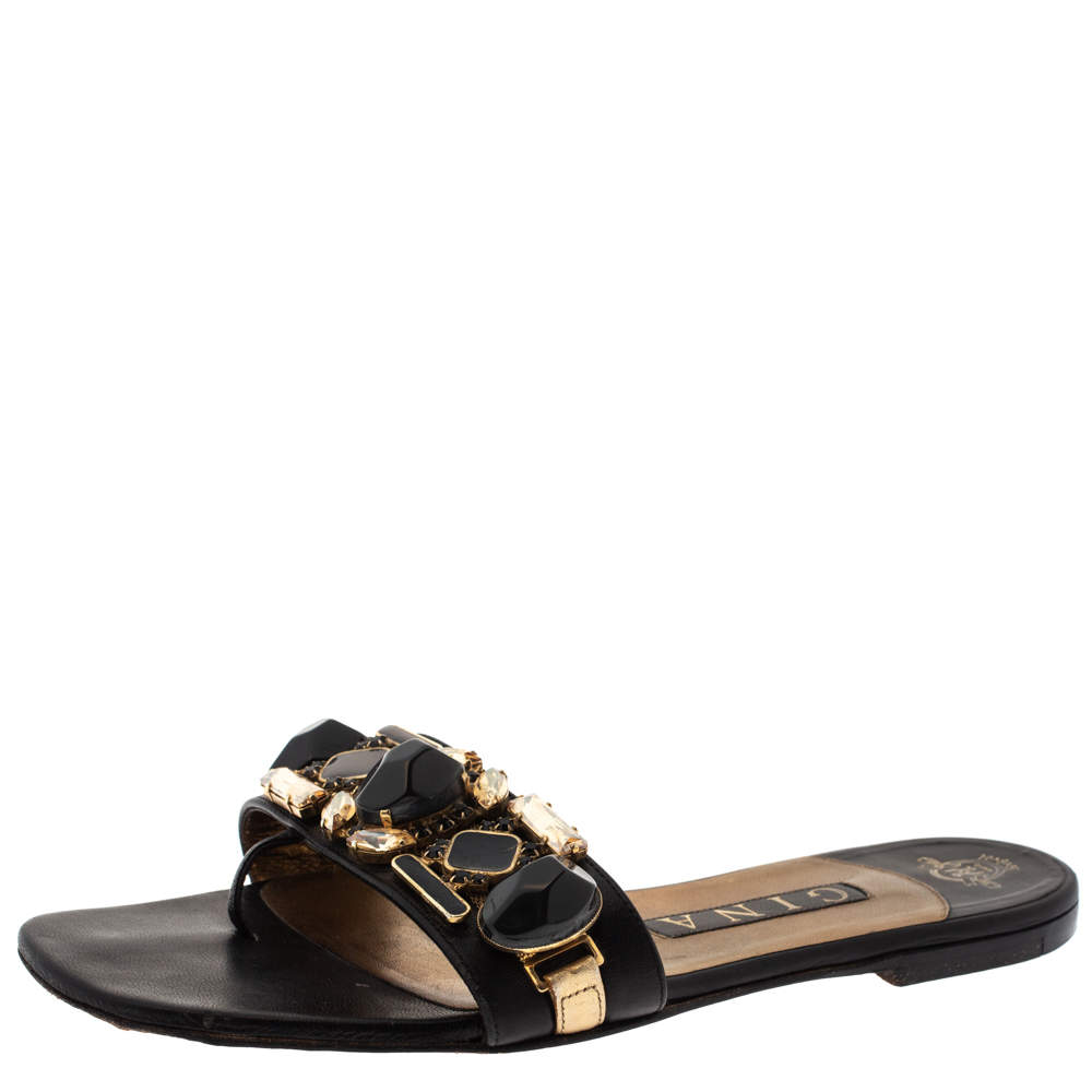 Pre Owned صندل سلايد فلات جينا مزخرف بكريستال جلد أسود مقاس 38