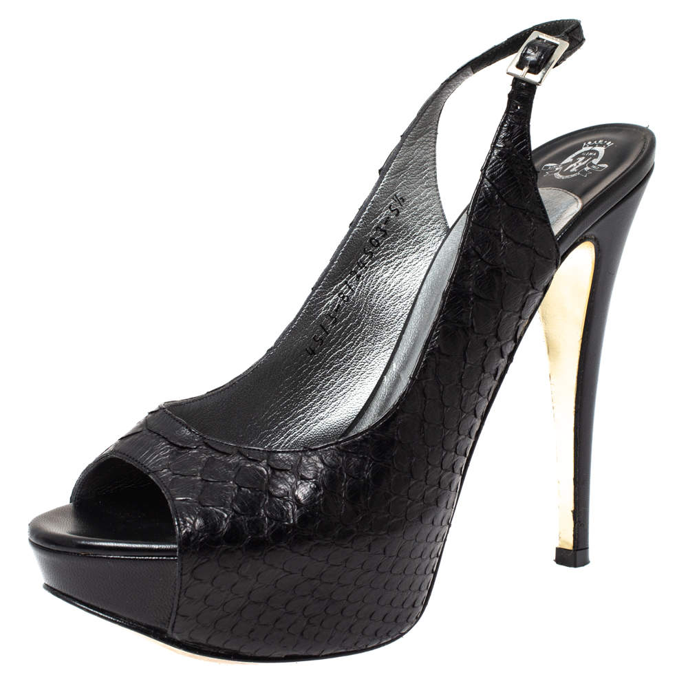 Pre Owned Gina Black Python Embossed Leather Peep Toe Platform Slingback Sandals Size 38.5