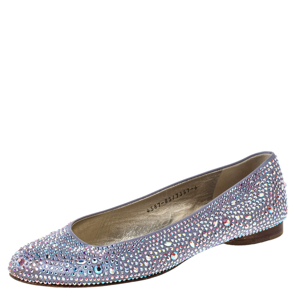 Pre Owned Gina Lilac Crystal Embellished Satin Ballet Flats Size 39