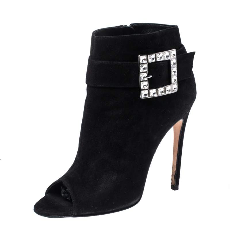 Gina Black Suede Crystal Embellished Buckle Peep Toe Ankle Boots Size 40