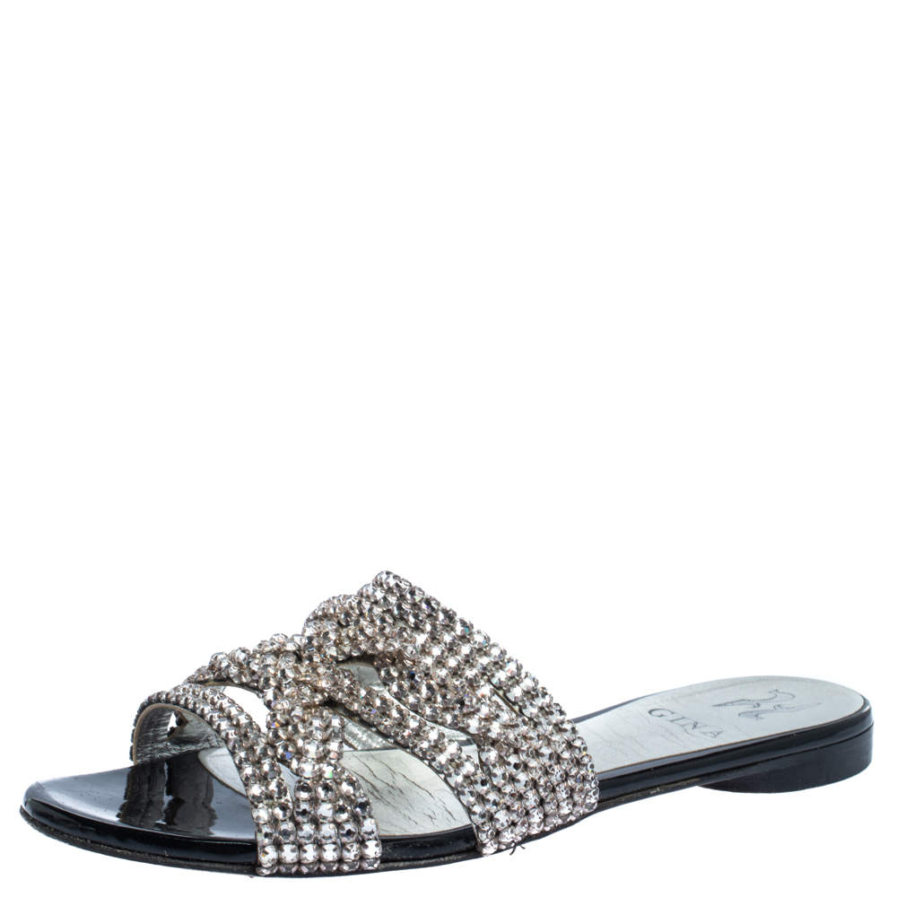 Gina Silver Crystal Embellished Leather Flat Slides Size 37.5