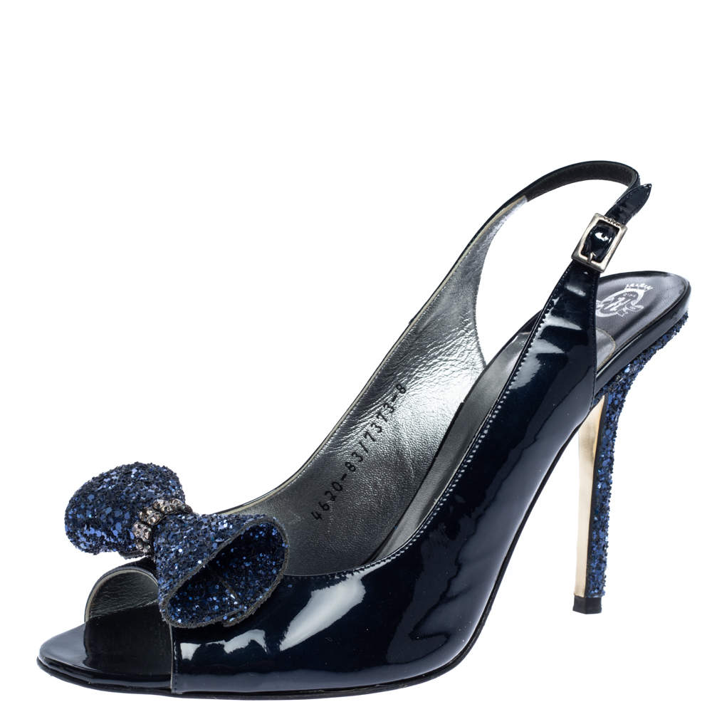 Gine Blue Patent Leather And Glitter Bow Embellished Slingback Open Toe Sandals Size 41