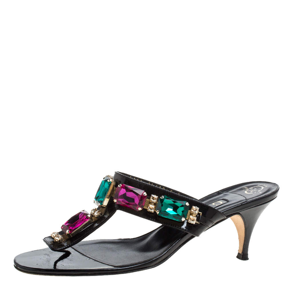 Gina Black Leather Crystal Embellished Slide Sandals Size 39