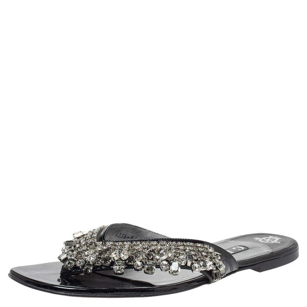 مملوكة مسبقًا Gina Black Leather Crystal Embellished Thong Flats Size 40.5
