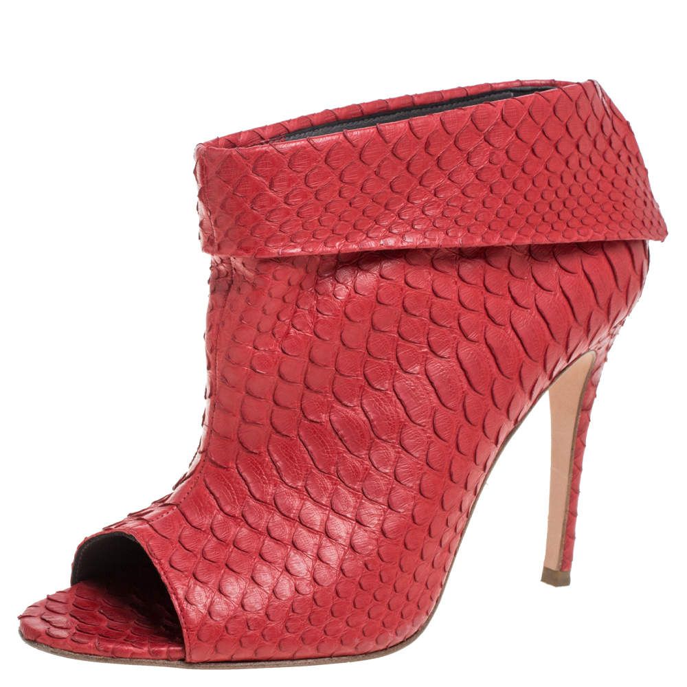 Pre Owned Gina Red Python Peep Toe Booties Size 39.5