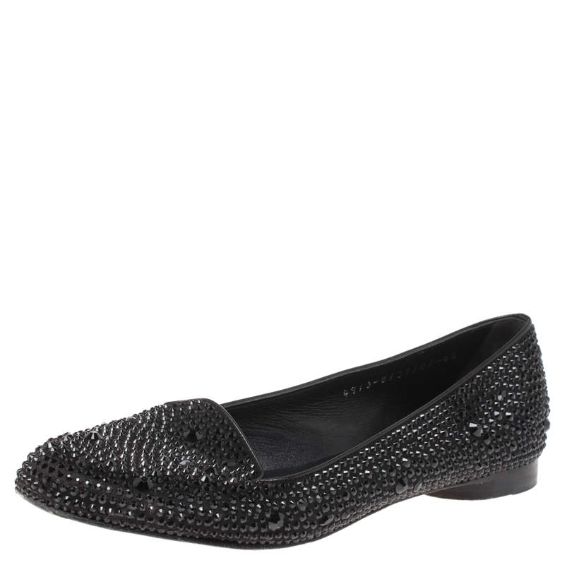 Pre Owned Gina Black Crystal Embellished Satin Ballet Flats Size 37.5