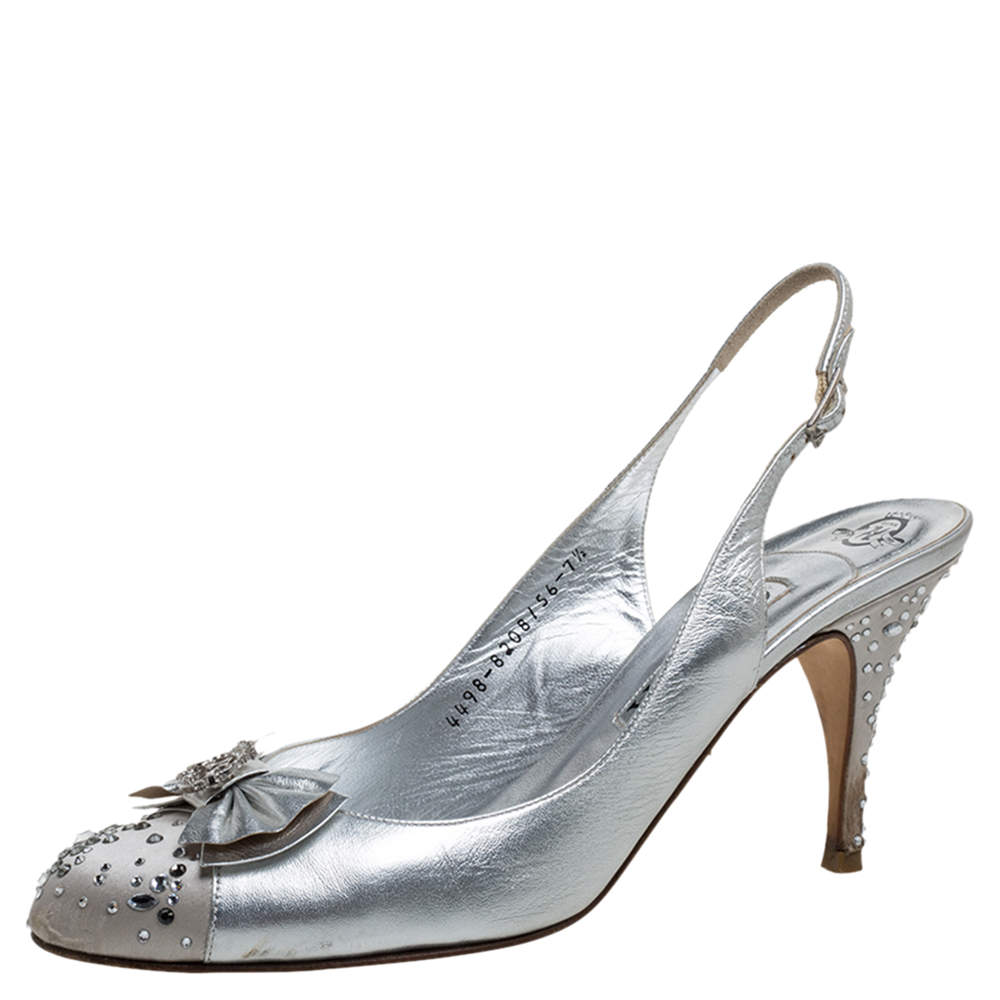 Gina Metallic Silver Leather And Satin Crystal Embellished Bow ...