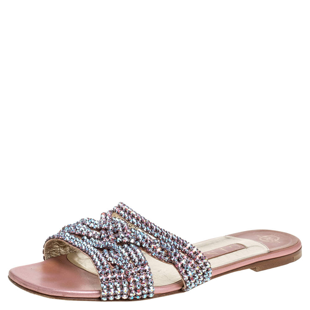 Pre Owned Gina Pink Crystal Embellished Flat Slides Size 39