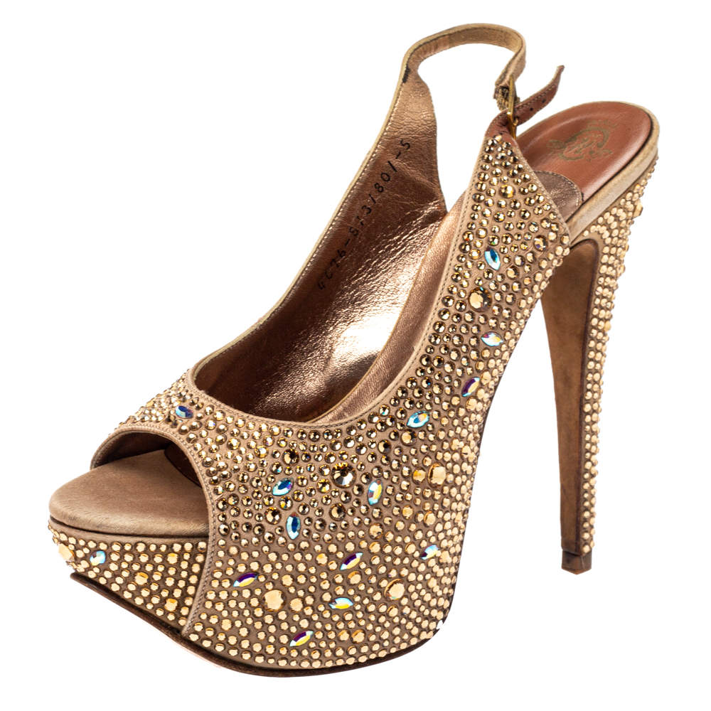 Pre Owned Gina Beige Satin Crystal Embellished Platform Peep Toe Slingback Sandals Size 38