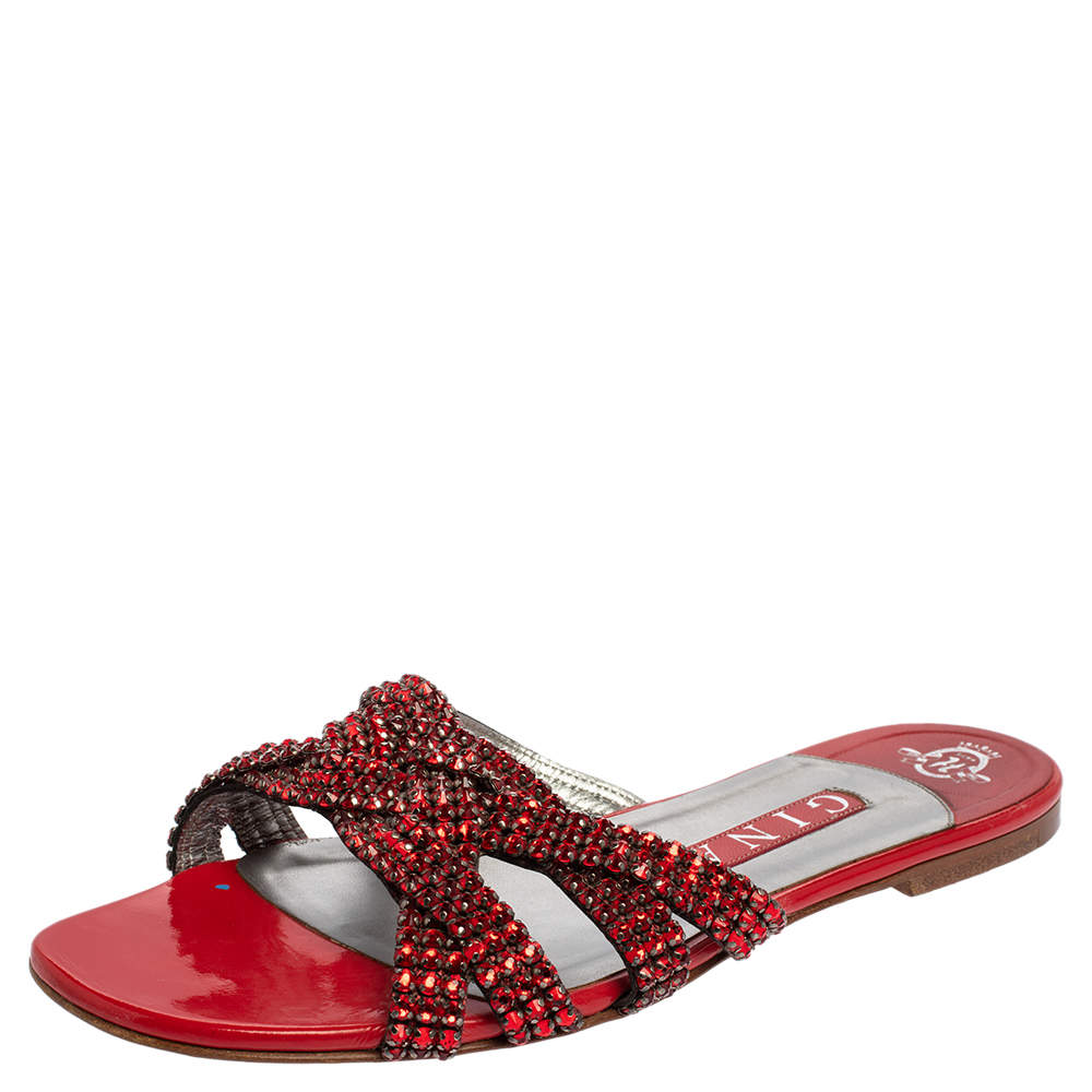 Gina Red Leather Crystal Embellished Slide Flats Size 38.5