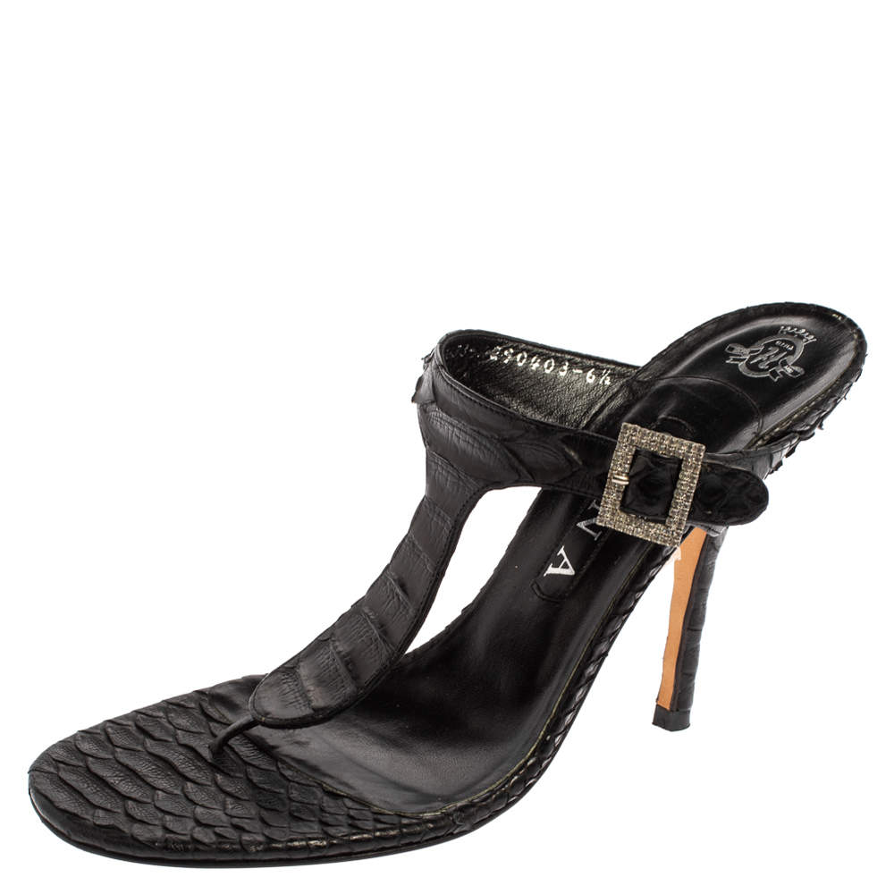 Gina Black Python Crystal Embellished Thong Sandals Size 39.5