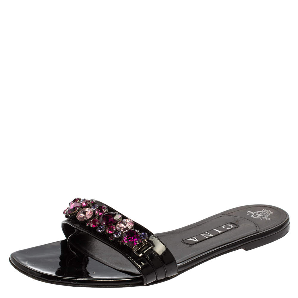 Pre Owned Gina Black Leather Crystal Embellished Flat Slides Size 40
