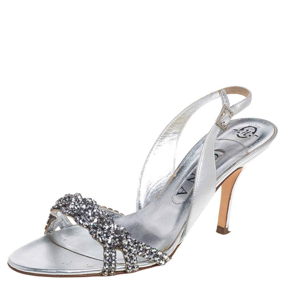 Pre Owned Gina Metallic Silver Leather Crystal Embellished Slingback Sandals  Size 39