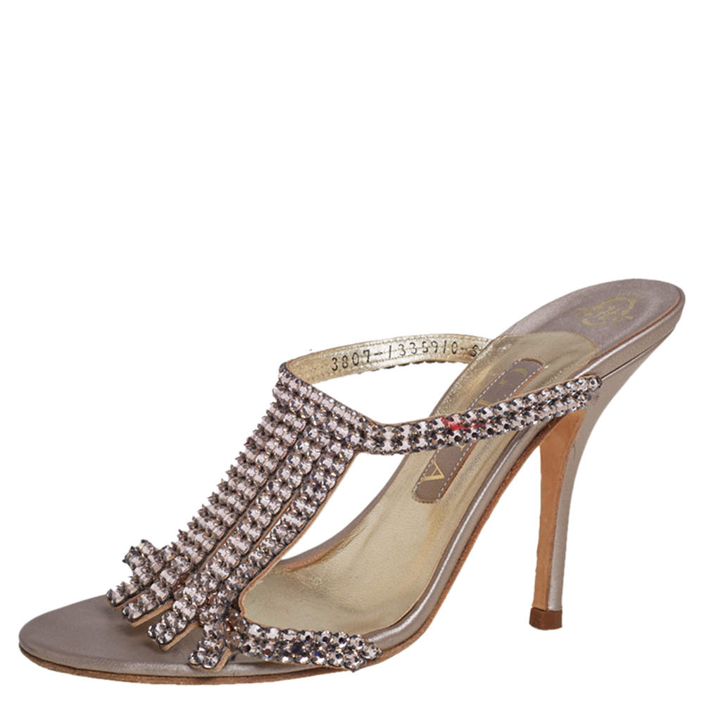 Pre Owned Gina Pink Crystal Embellished Leather Mule Sandals Size 38