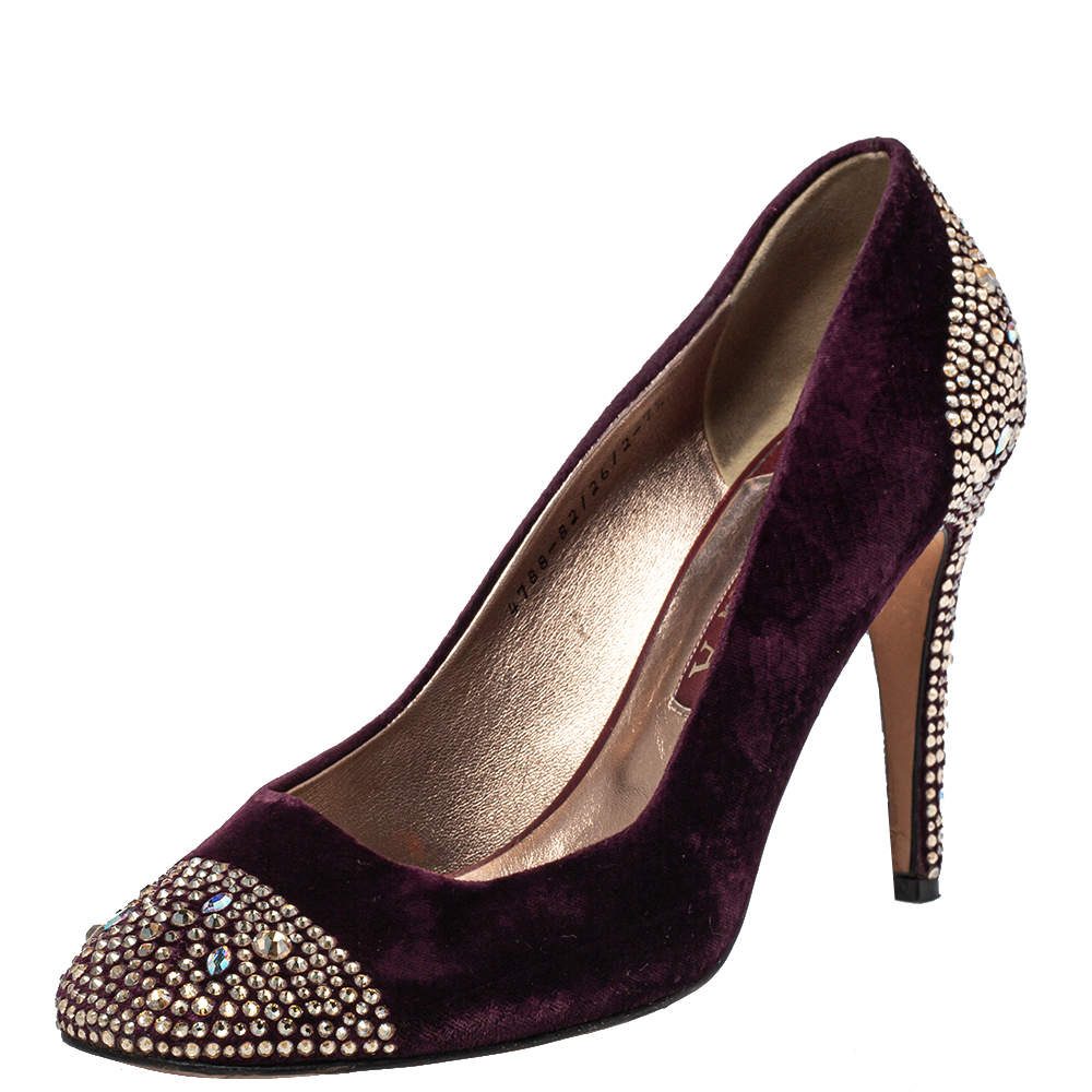 Pre Owned Gina Purple Velvet Crystal Embellishment Platform Pumps Size 40.5