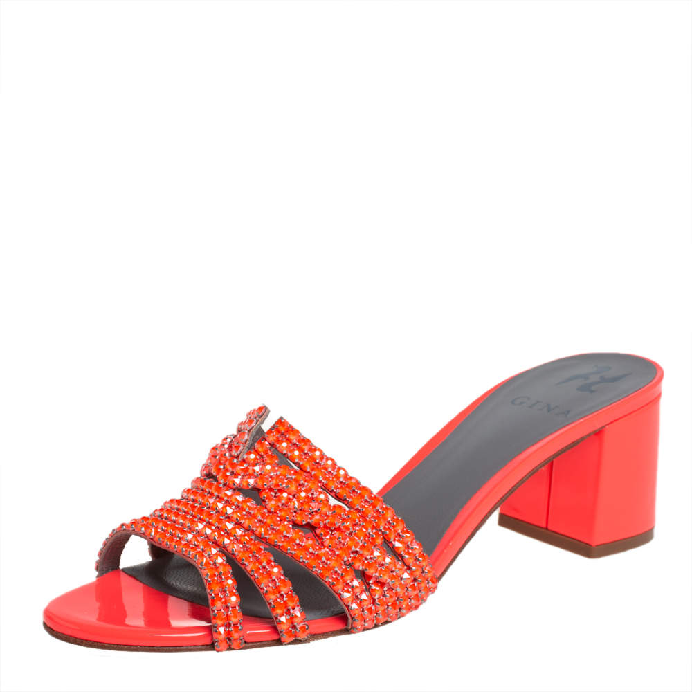 Gina Neon Orange Crystal Embellished Leather Block Heel Slide Sandals Size 40.5