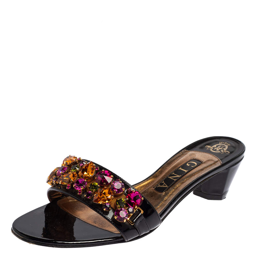 Gina Black Patent Leather Crystal Embellished Mule Sandals Size 38