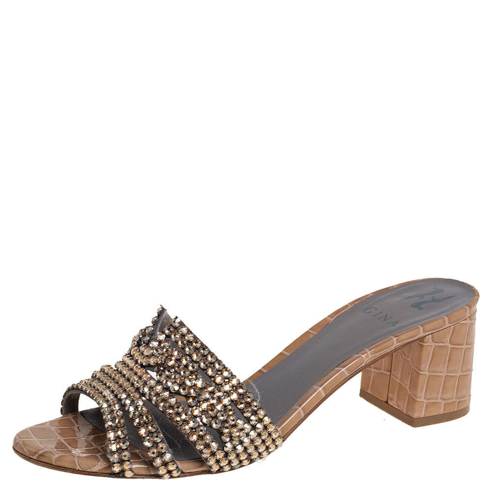 مملوكة مسبقًا Gina Brown Leather Crystal Embellished Leather Block Heel Slide Sandals Size 40.5