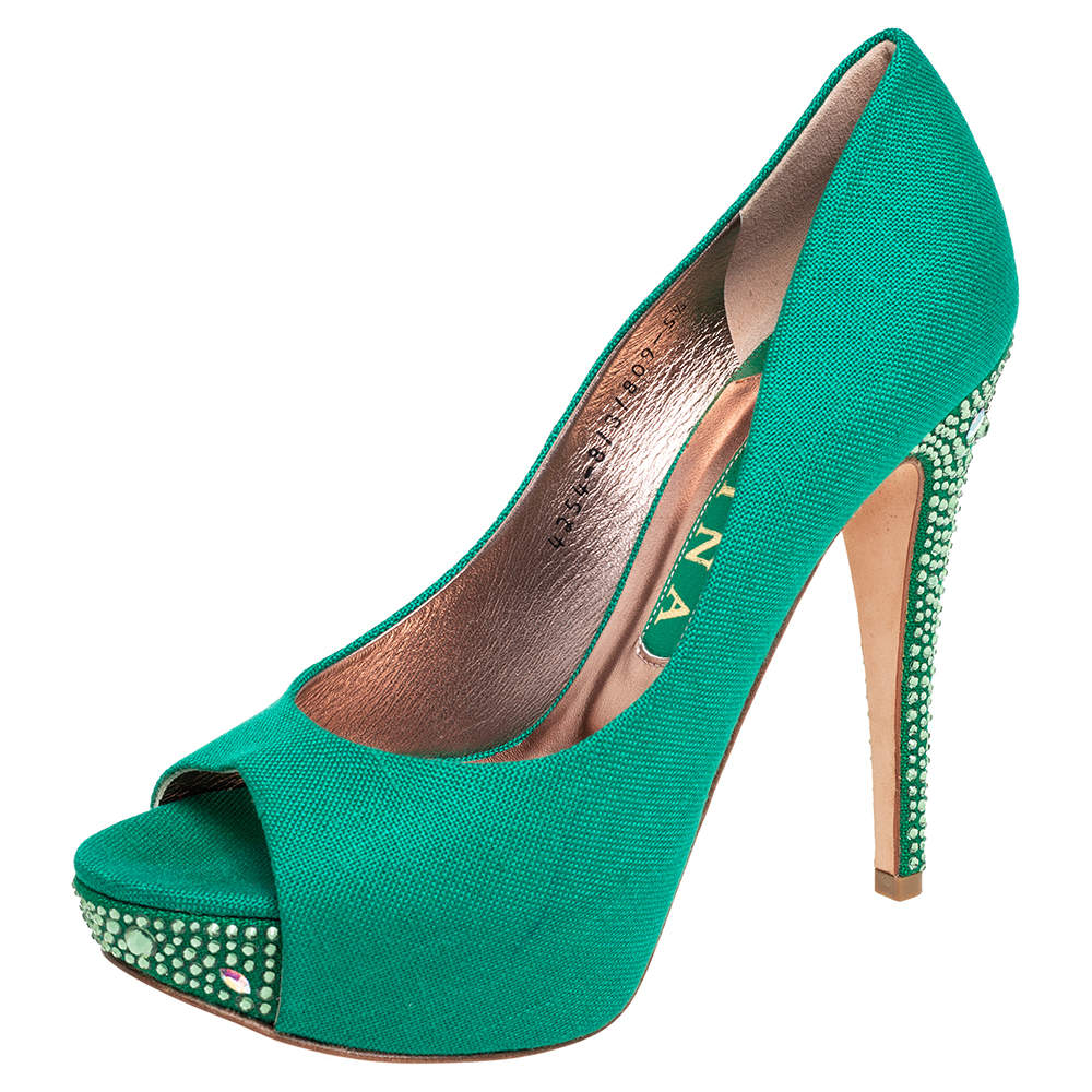 Pre Owned Gina Green Canvas Crystal Embellished Heel Peep Toe Platform Pumps Size 38.5