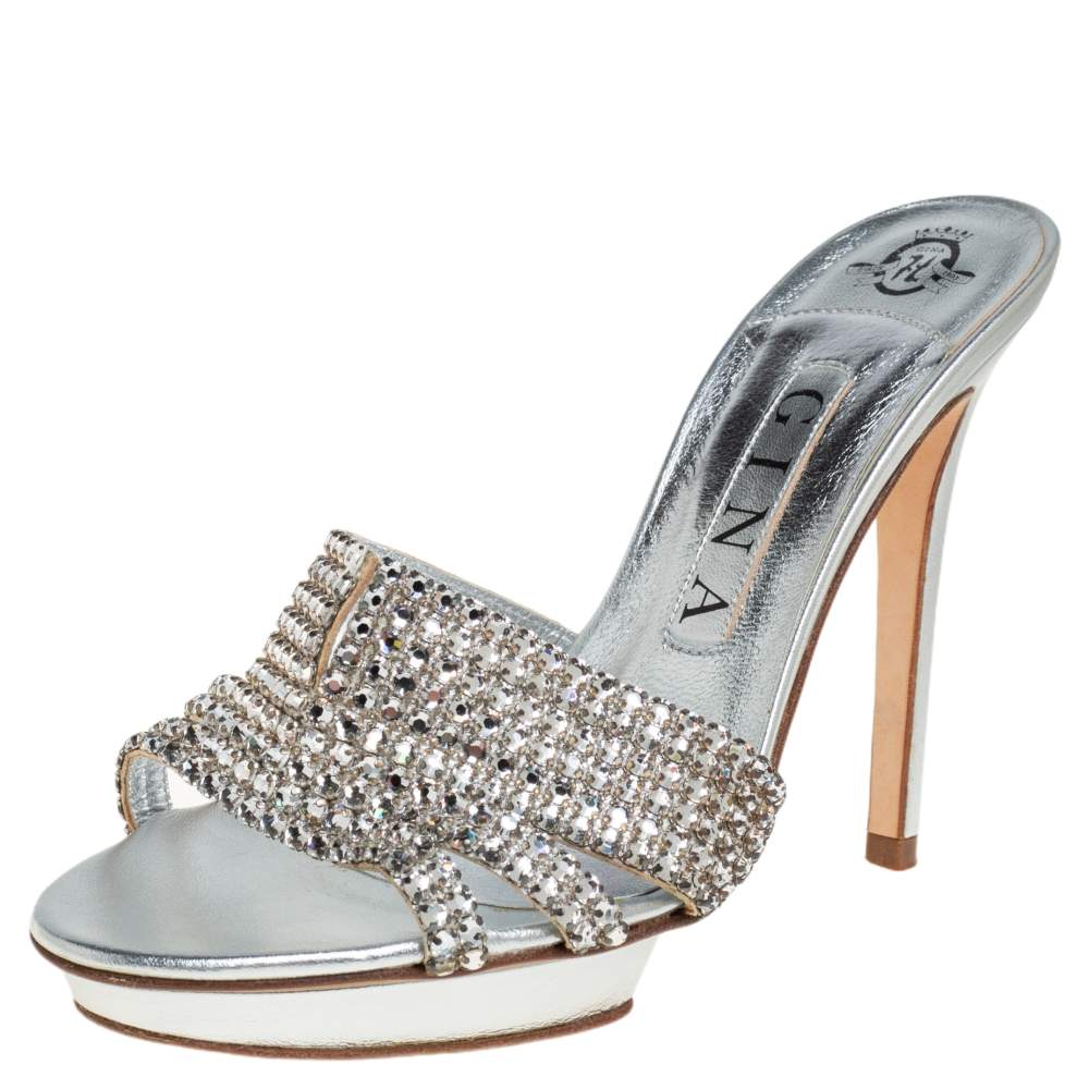 Pre Owned Gina Silver Crystal Embellished Leather Slide Sandals Size 37.5