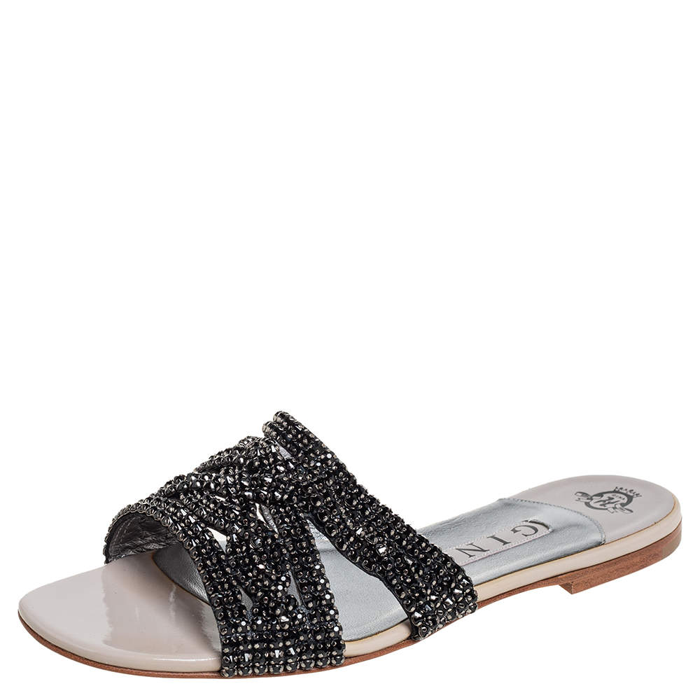 Gina Black Leather  Crystal Embellished Dakota Sandals Size 38