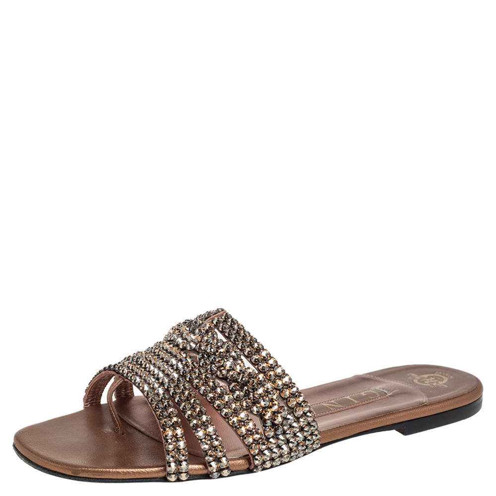 Pre Owned Gina Gold Leather Embellished Flat Sandals Size 38